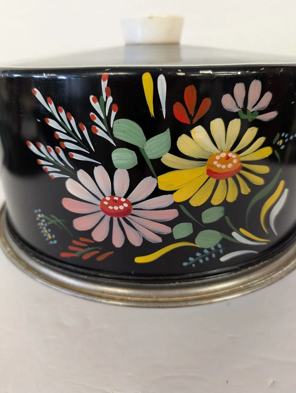 Vintage  Cake Tin 1950s Black with Pink & Yellow Flowers Hand-painted